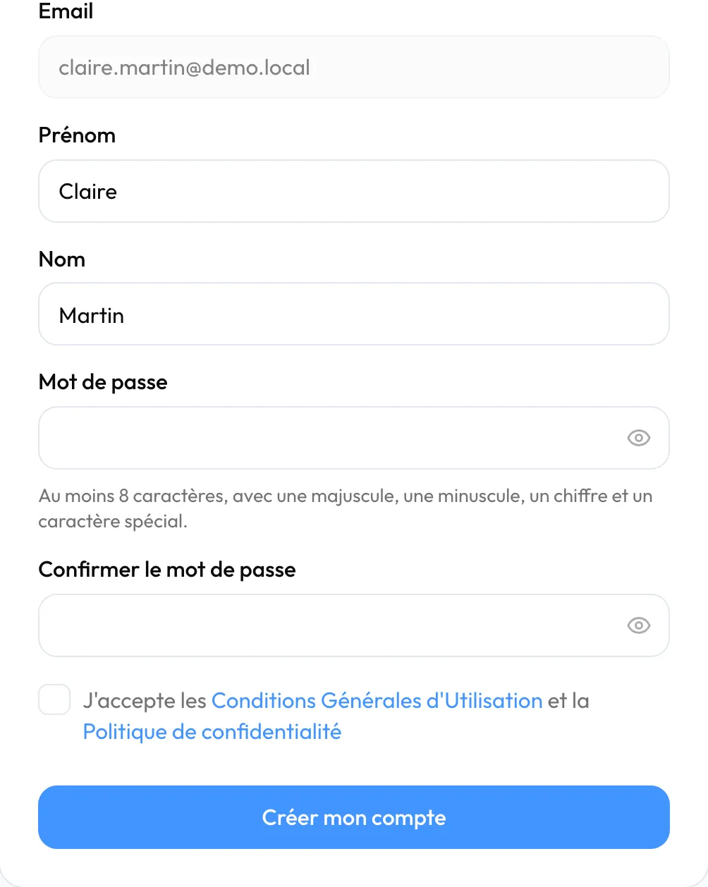 La page « Accepter l'invitation », avec le bouton « Créer mon compte »