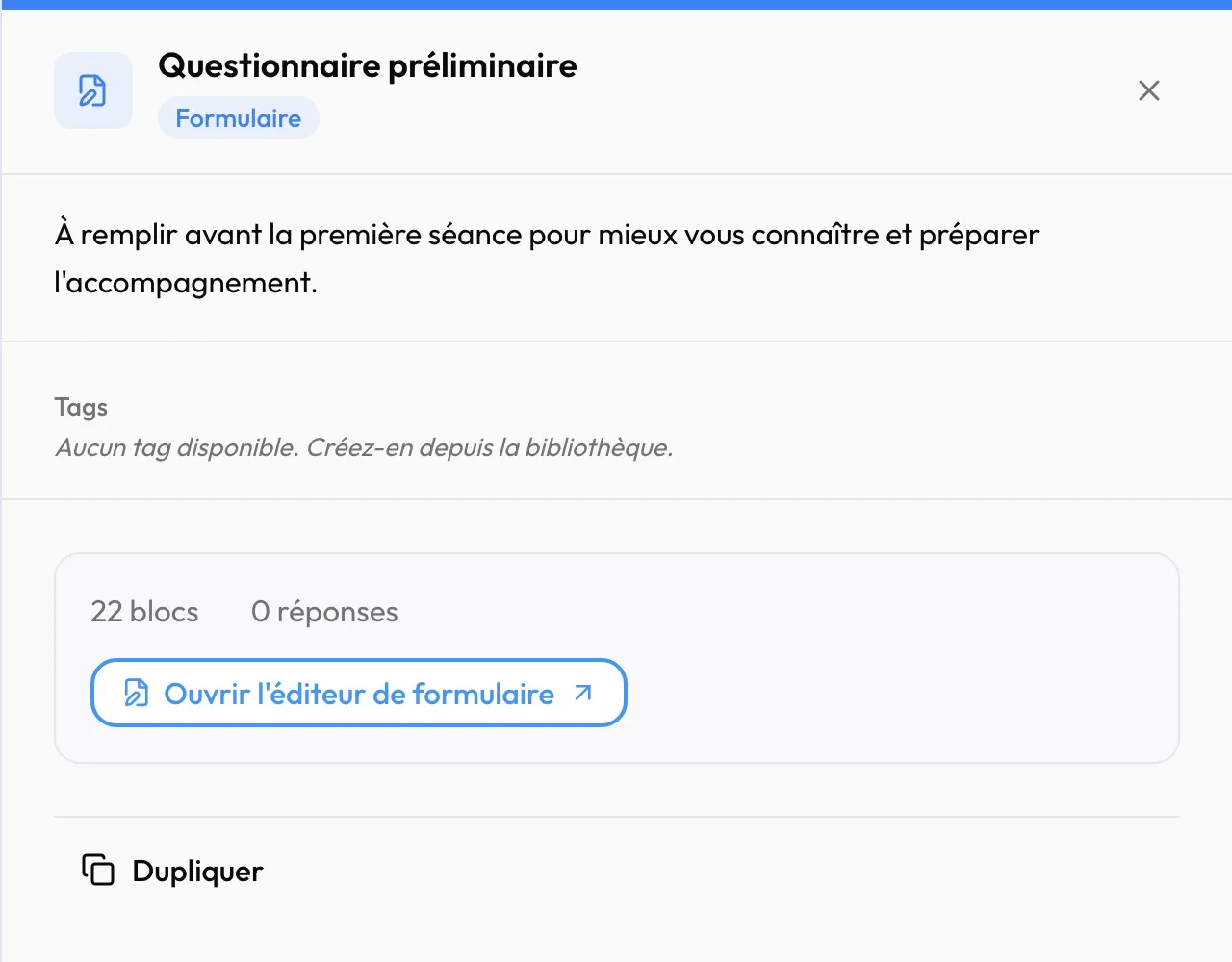La fiche du formulaire Bilan+ « Questionnaire préliminaire »