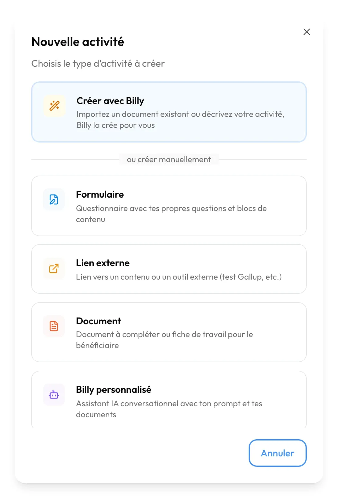 La fenêtre « Nouvelle activité » et ses types