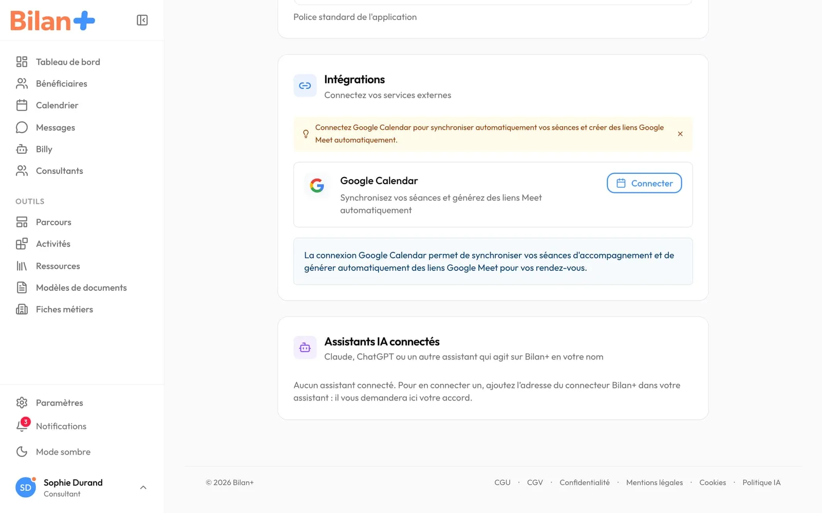 La rubrique « Assistants IA connectés » du Profil, quand aucun assistant n’est relié : « Aucun assistant connecté. Pour en connecter un, ajoutez l’adresse du connecteur Bilan+ dans votre assistant : il vous demandera ici votre accord. »