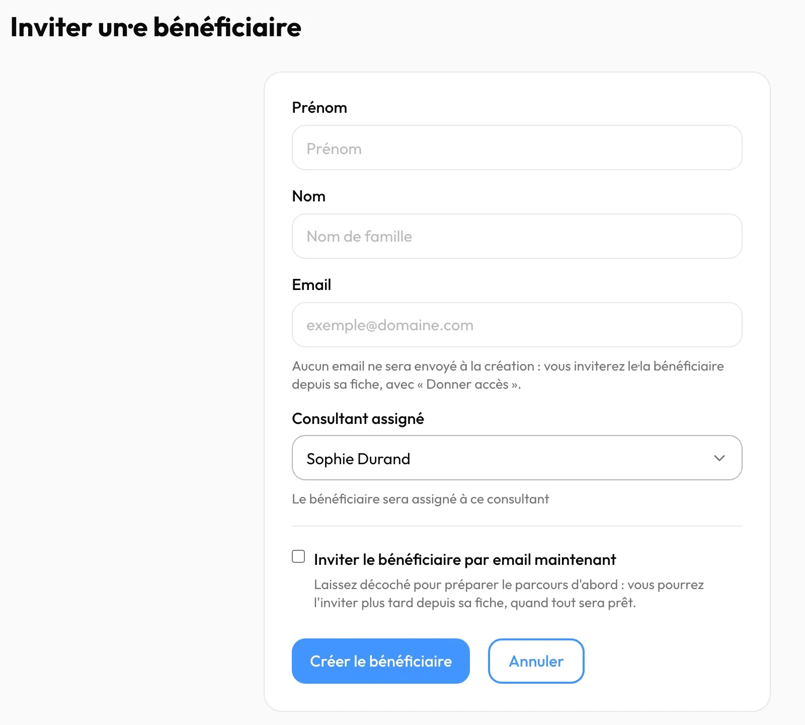Le formulaire « Inviter un·e bénéficiaire », case d'invitation décochée