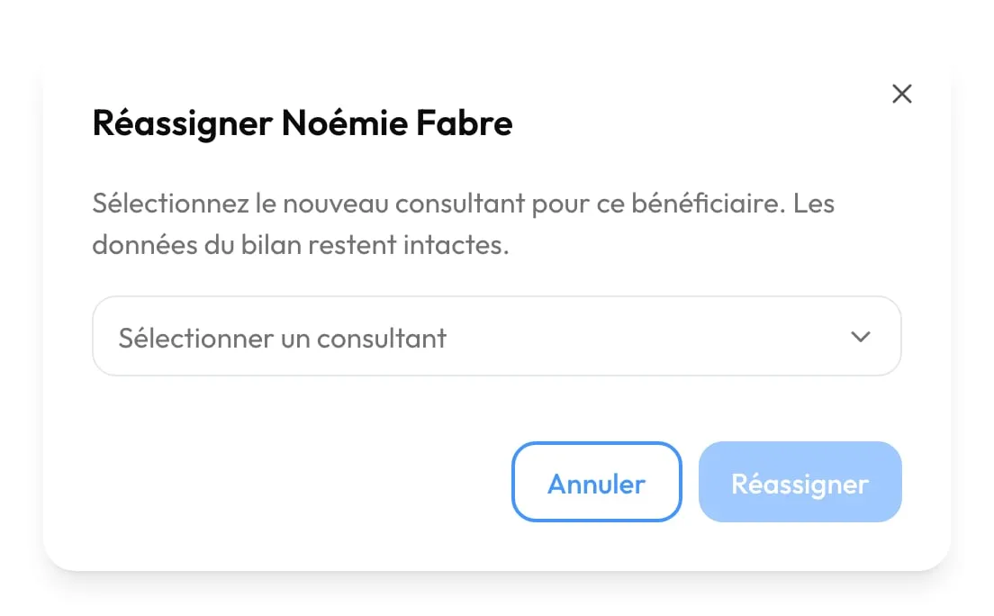 La fenêtre « Réassigner Noémie Fabre » : choix du nouveau consultant
