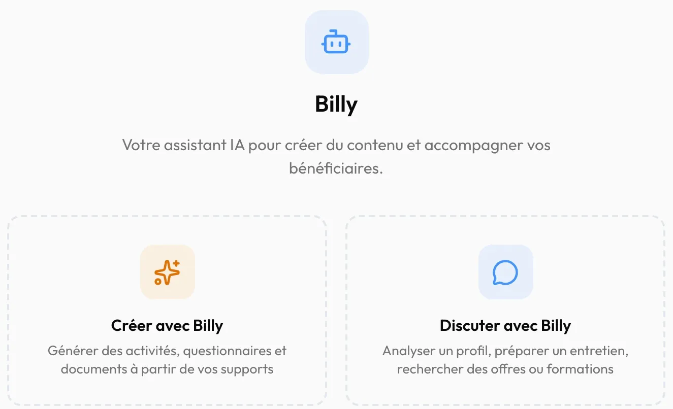 L'accueil de Billy : « Créer avec Billy » et « Discuter avec Billy »