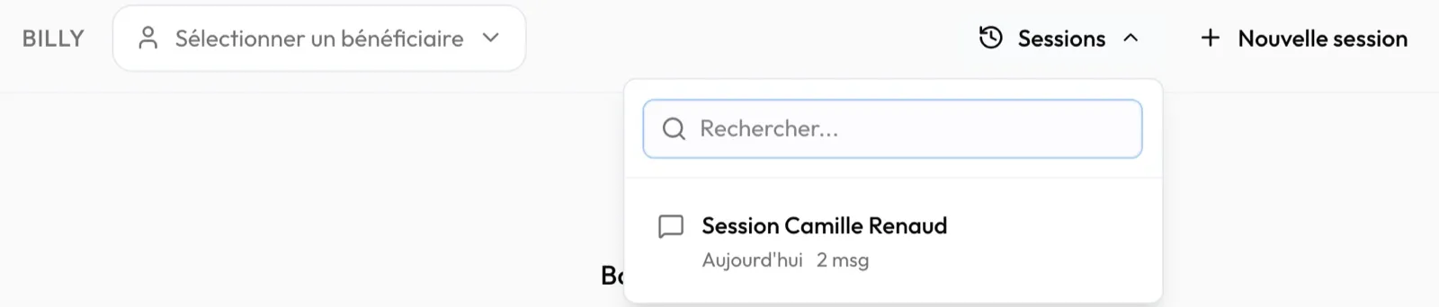 L'historique « Sessions », avec une conversation du jour