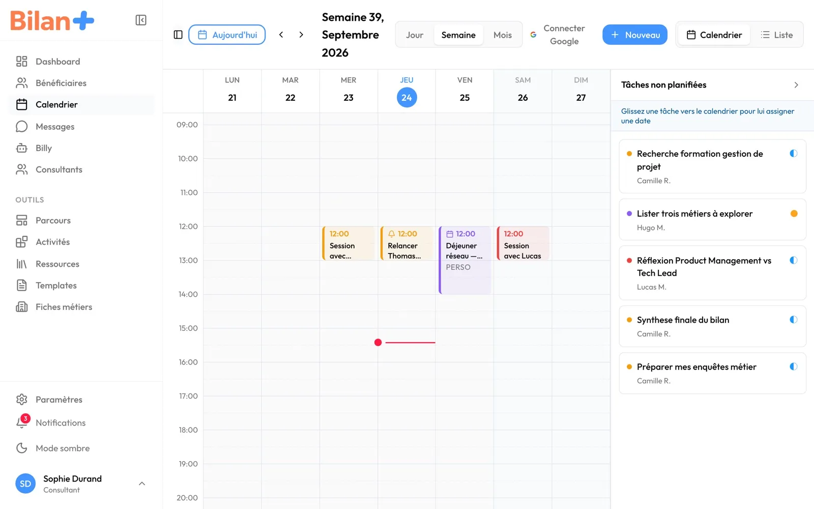 Le « Calendrier » en vue semaine, panneau de gauche masqué : l'agenda et les tâches non planifiées à droite