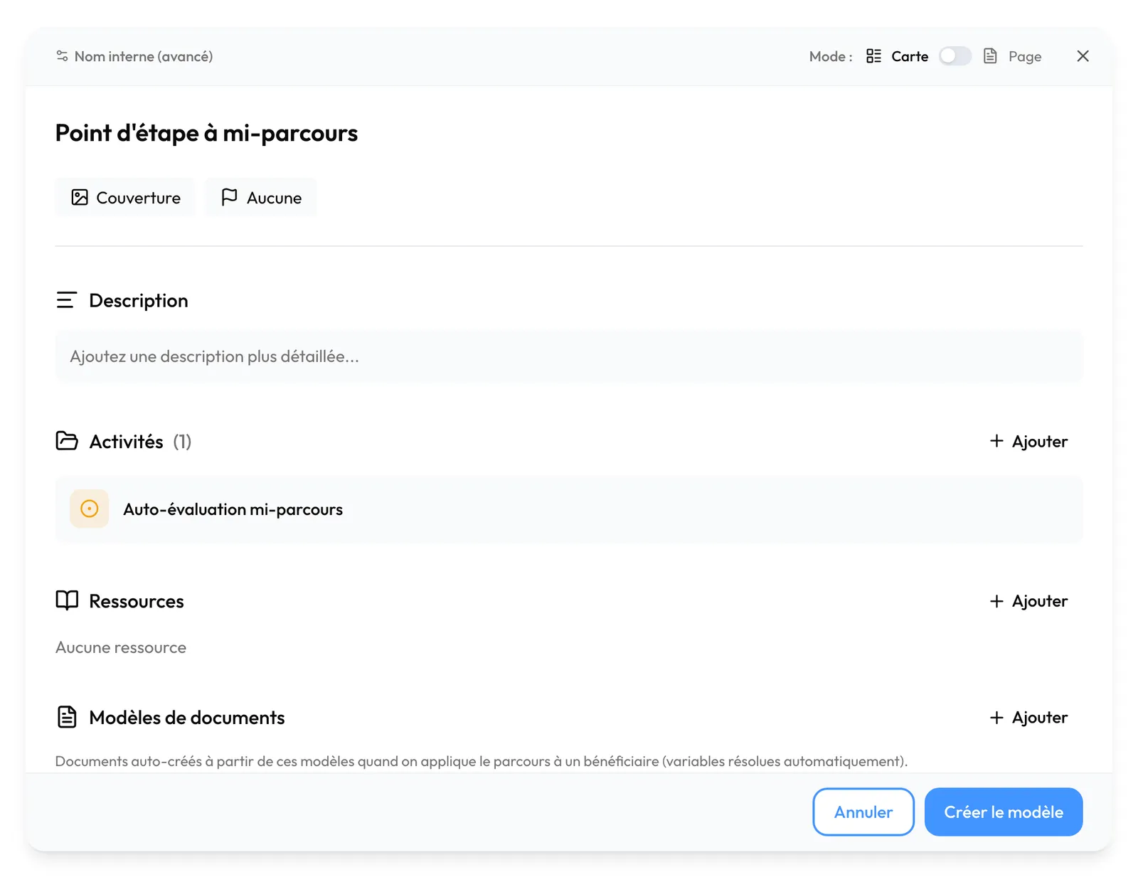 La fenêtre d'une nouvelle carte : titre, description, une activité ajoutée