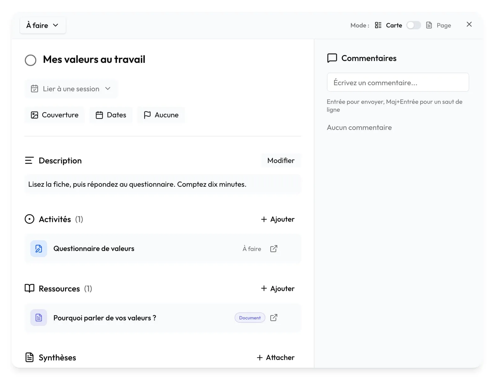 La carte « Mes valeurs au travail » : la consigne, le questionnaire « À faire » et la ressource « Document »