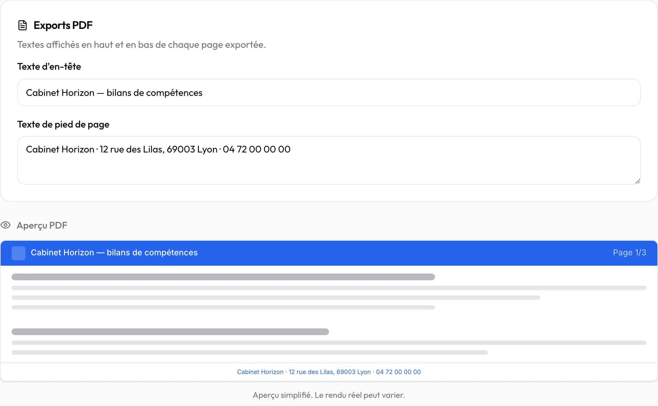 Section « Exports PDF » et son aperçu : en-tête bleu, pied de page avec l'adresse du cabinet