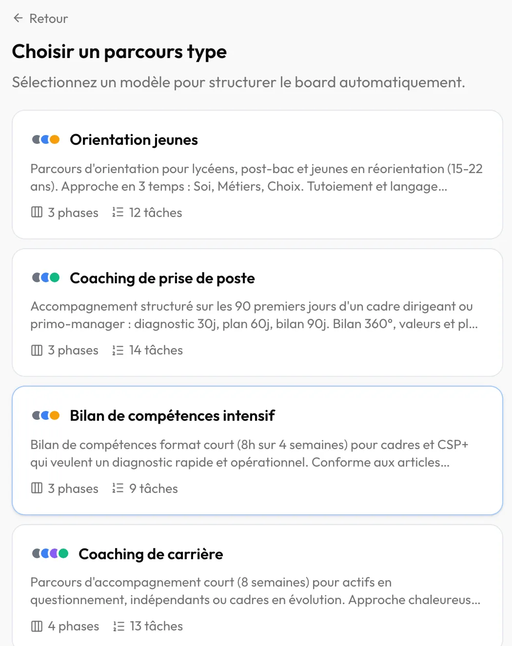 La liste « Choisir un parcours type » : un modèle par type d'accompagnement