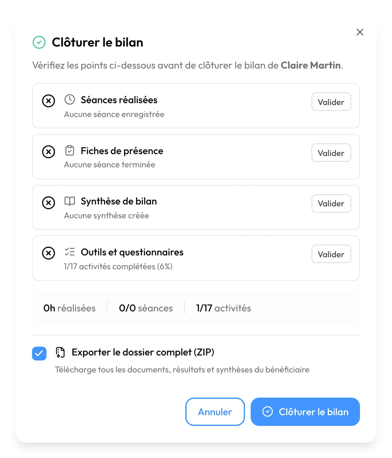 La fenêtre « Clôturer le bilan » sur un dossier encore incomplet : les quatre vérifications marquées d'une croix, chacune avec son bouton « Valider », le bandeau des heures, séances et activités, la case « Exporter le dossier complet (ZIP) » et le bouton « Clôturer le bilan »