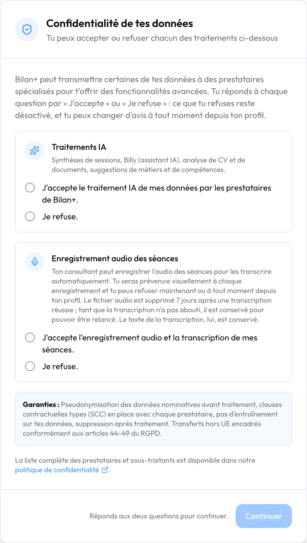 L'écran des deux accords : « Traitements IA » et « Enregistrement audio des séances »