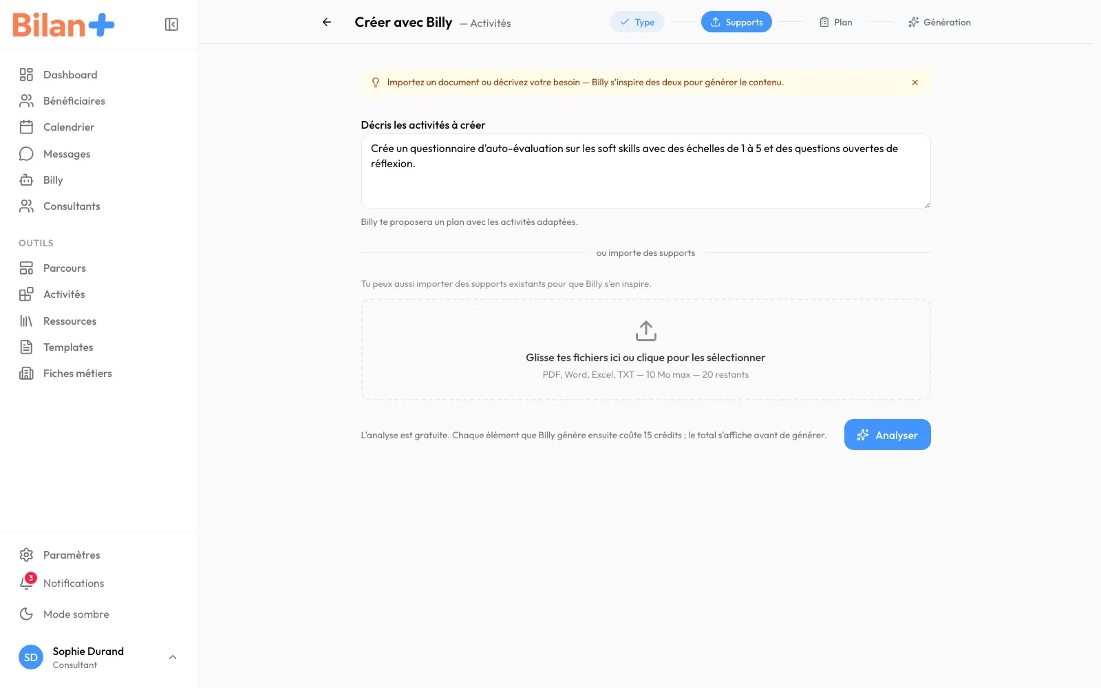 L'étape « Supports » pour des activités : la description remplie par un exemple, la zone de dépôt et le rappel que l'analyse est gratuite