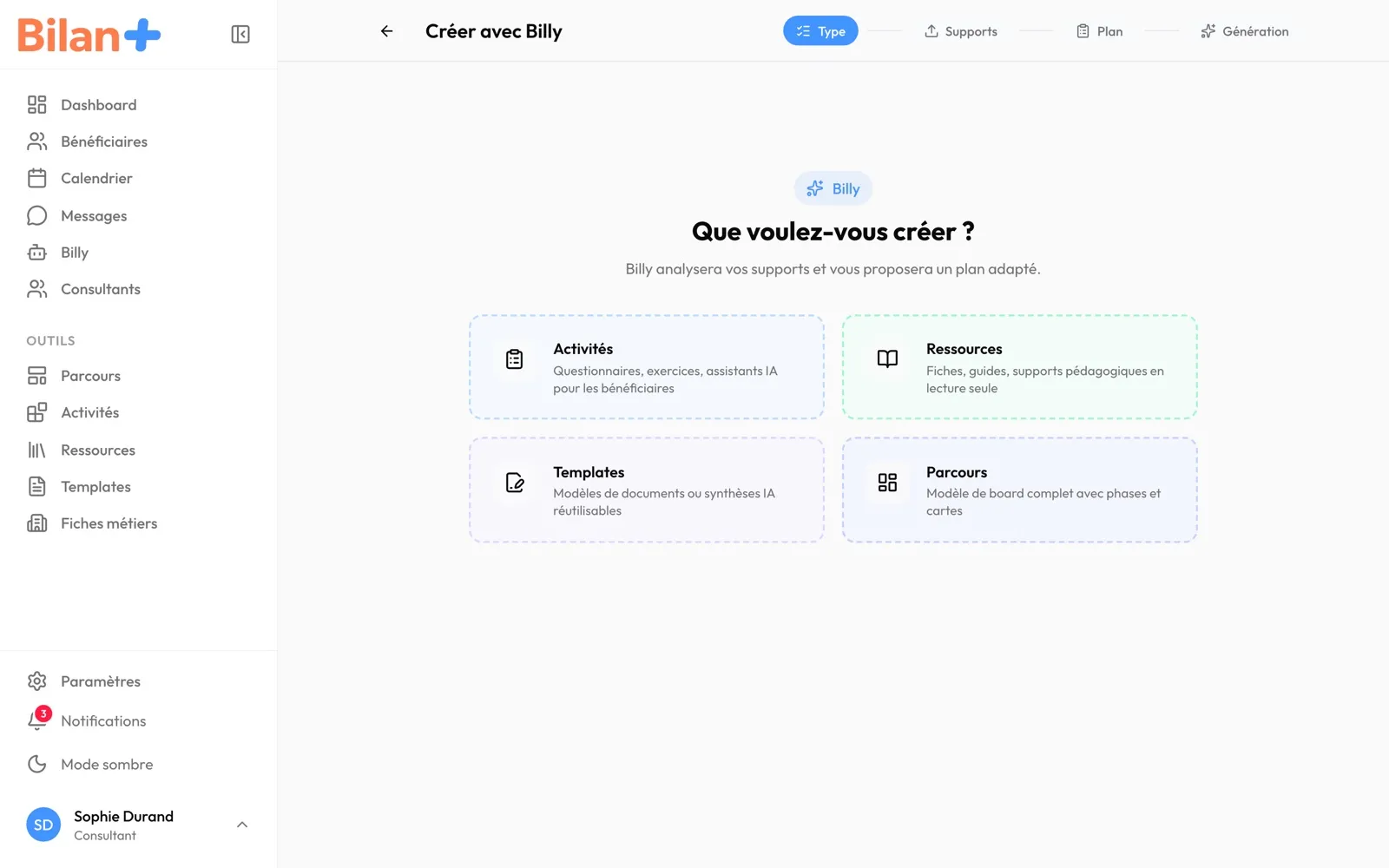 L'étape « Type » : « Que voulez-vous créer ? » et ses quatre cartes