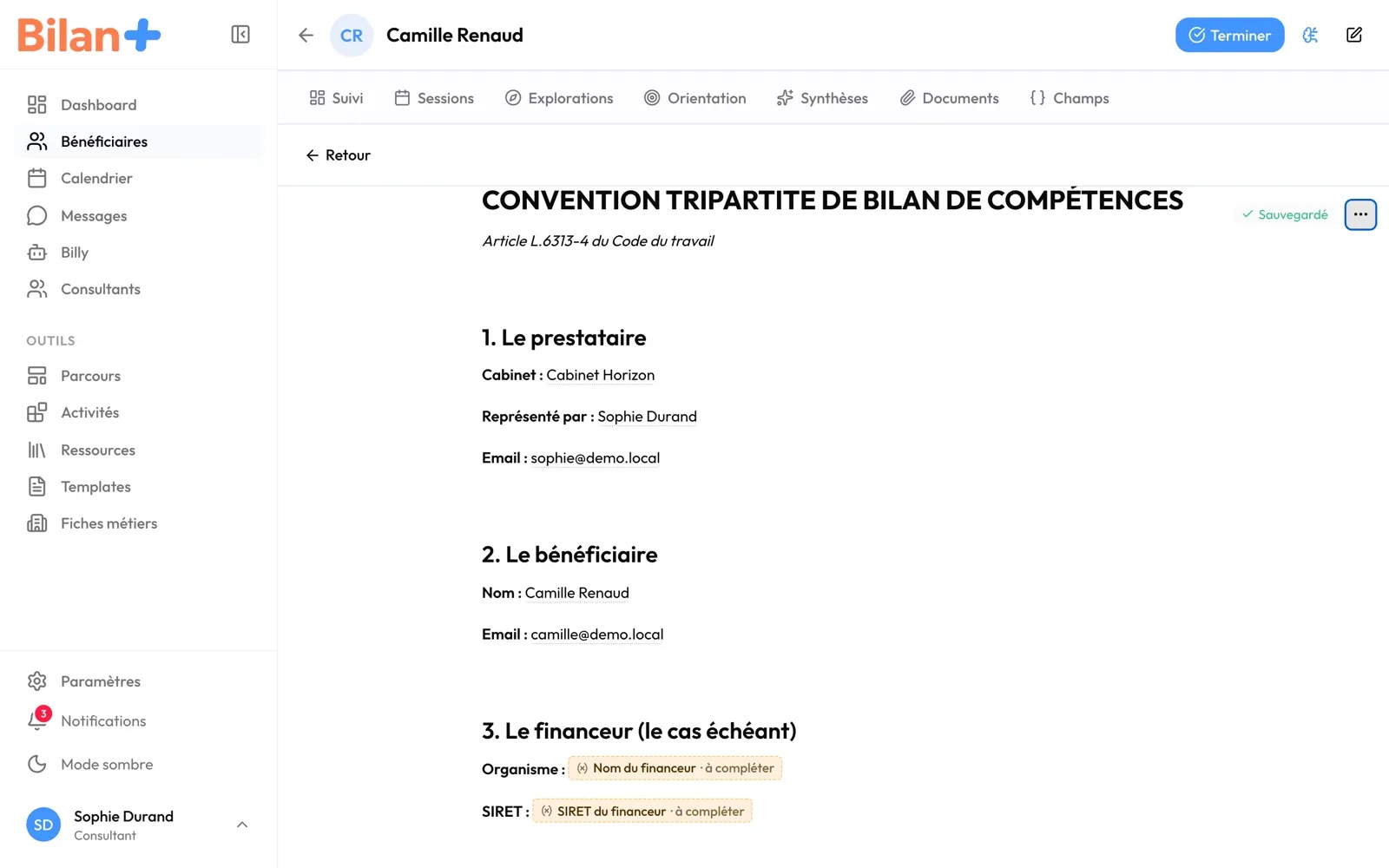 L'éditeur d'une convention : les informations connues sont remplies, les autres marquées « à compléter »