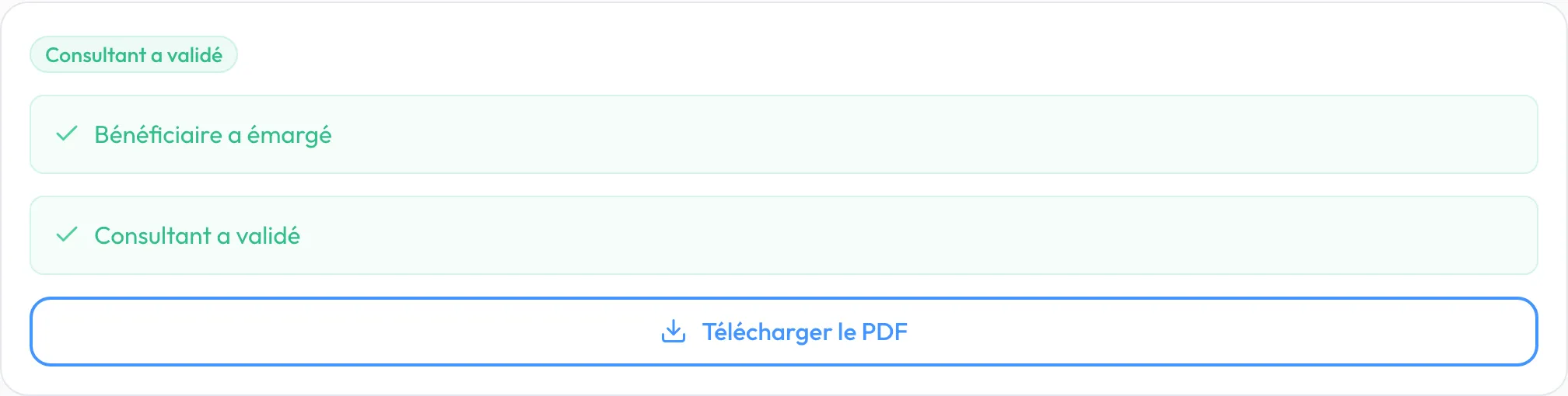 L'émargement confirmé des deux côtés, avec « Télécharger le PDF »
