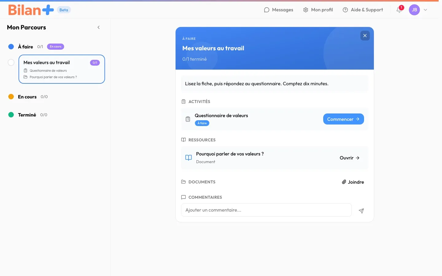 L'étape vue par la bénéficiaire : la consigne, le questionnaire à commencer, la ressource à ouvrir