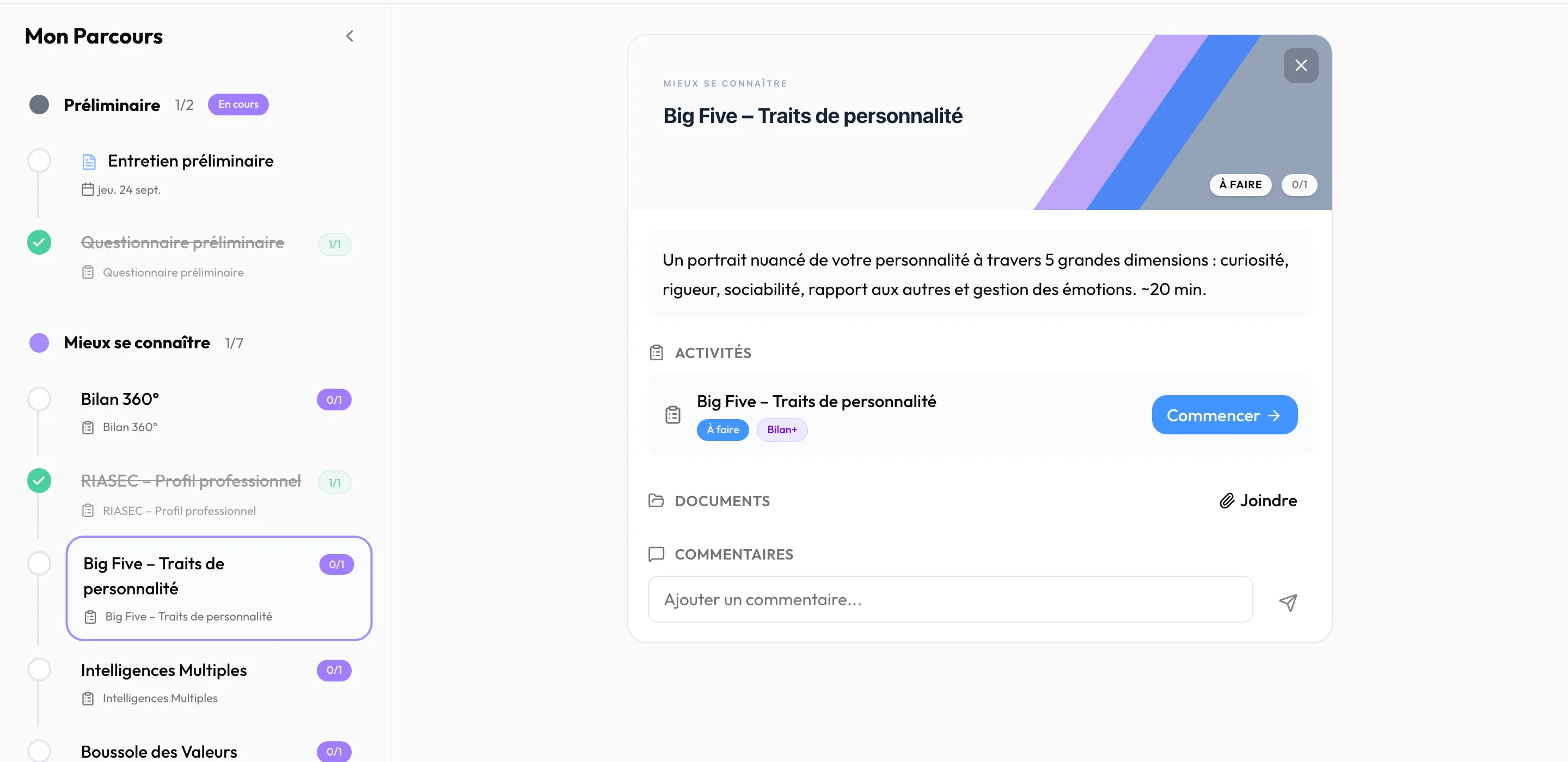Une étape ouverte : consigne, activité « À faire » avec « Commencer », documents et commentaires