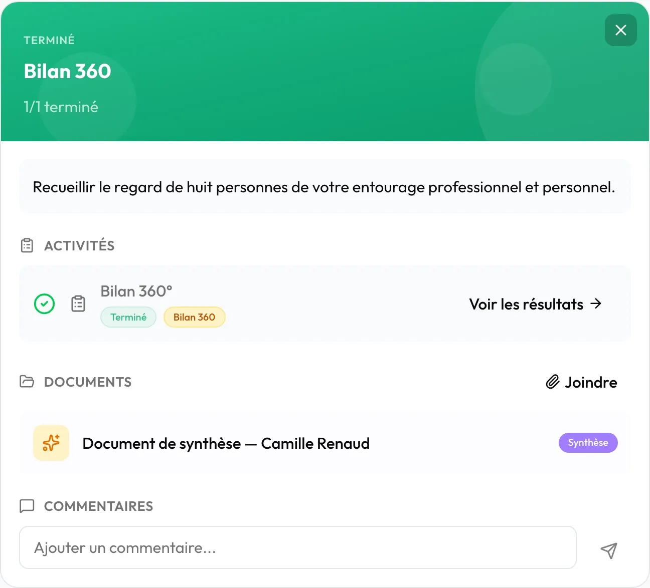 Une étape terminée ouverte : l'en-tête « Terminé » et « 1/1 terminé », la consigne, une activité terminée, un document et la zone de commentaires