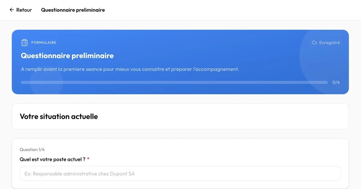 Un questionnaire ouvert : l'en-tête « Formulaire », la barre d'avancement, une section et sa première question