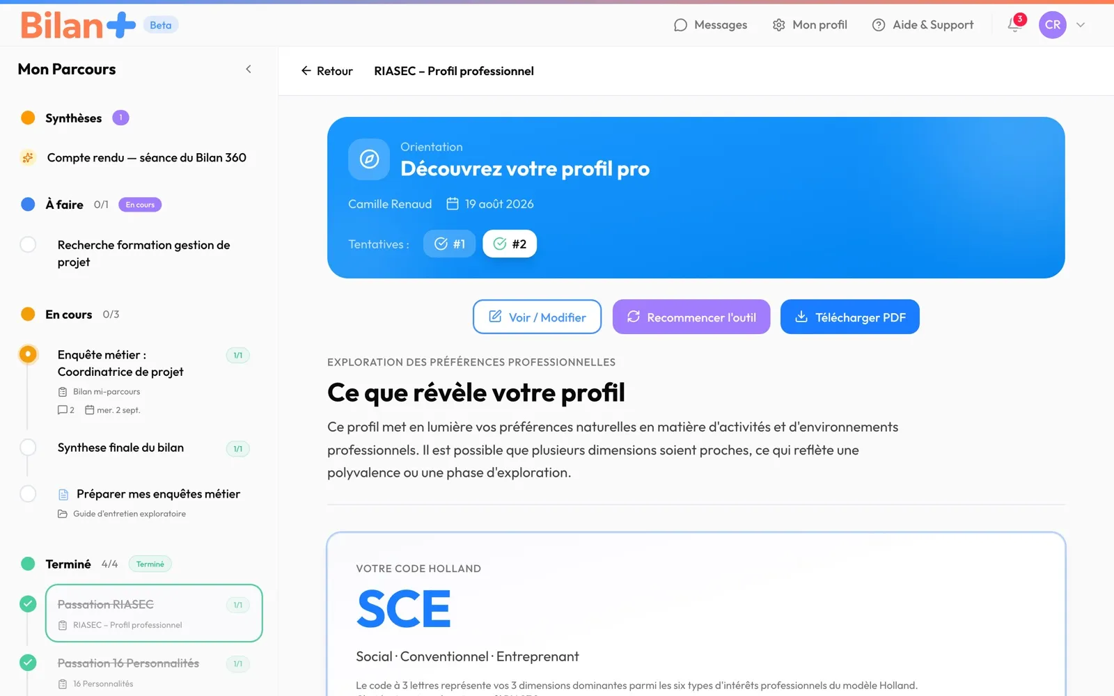 La restitution d'un test : l'en-tête, les tentatives et les trois boutons