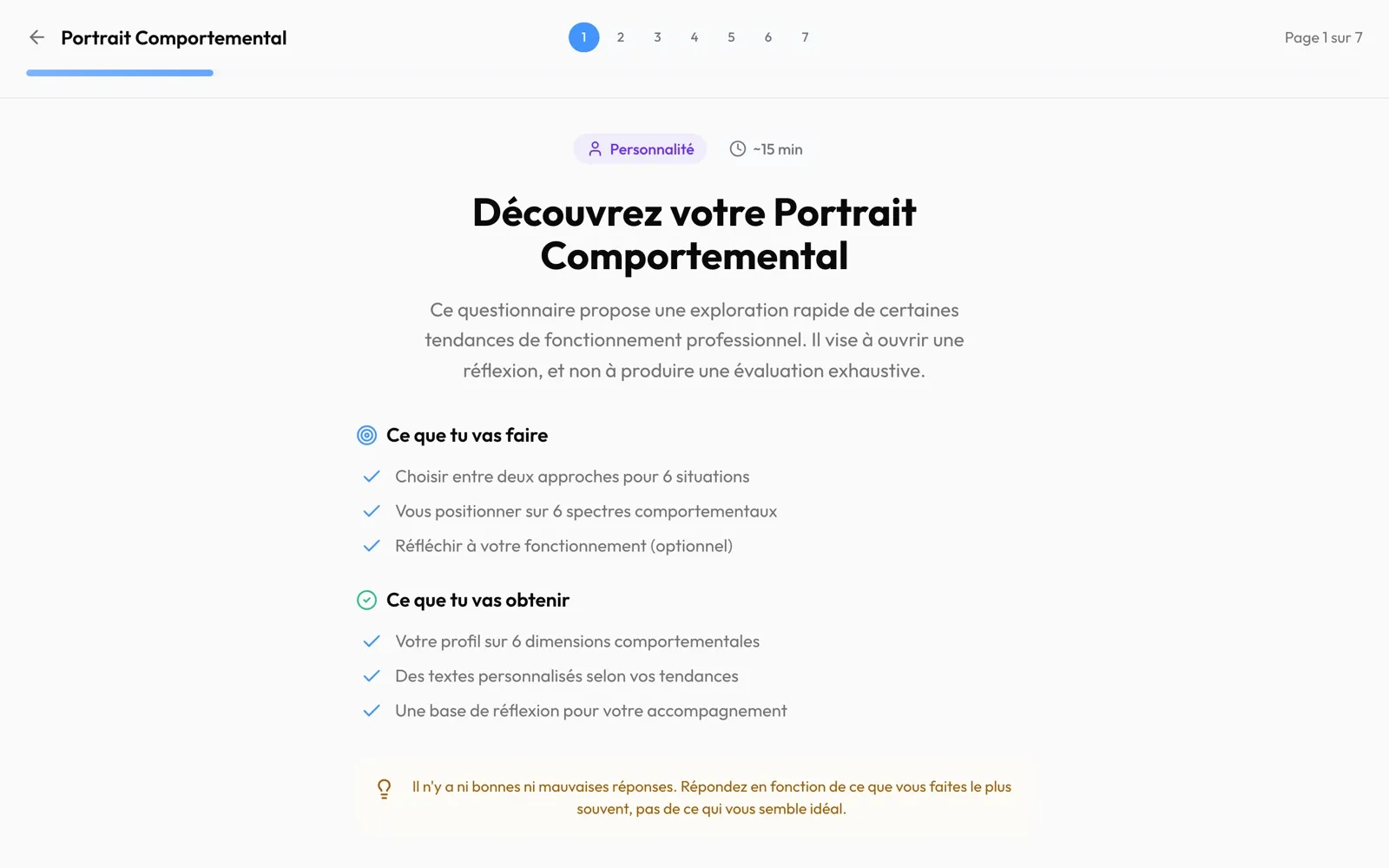 Un test ouvert en plein écran : la présentation, ce que vous allez faire, ce que vous allez obtenir, et la durée