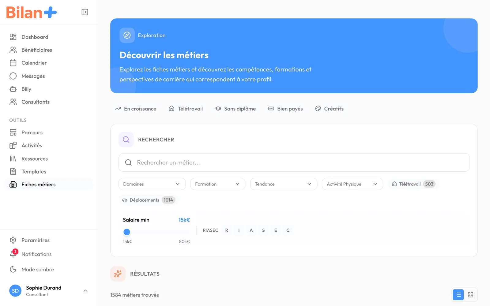La page « Découvrir les métiers » : raccourcis, recherche, filtres et début des résultats