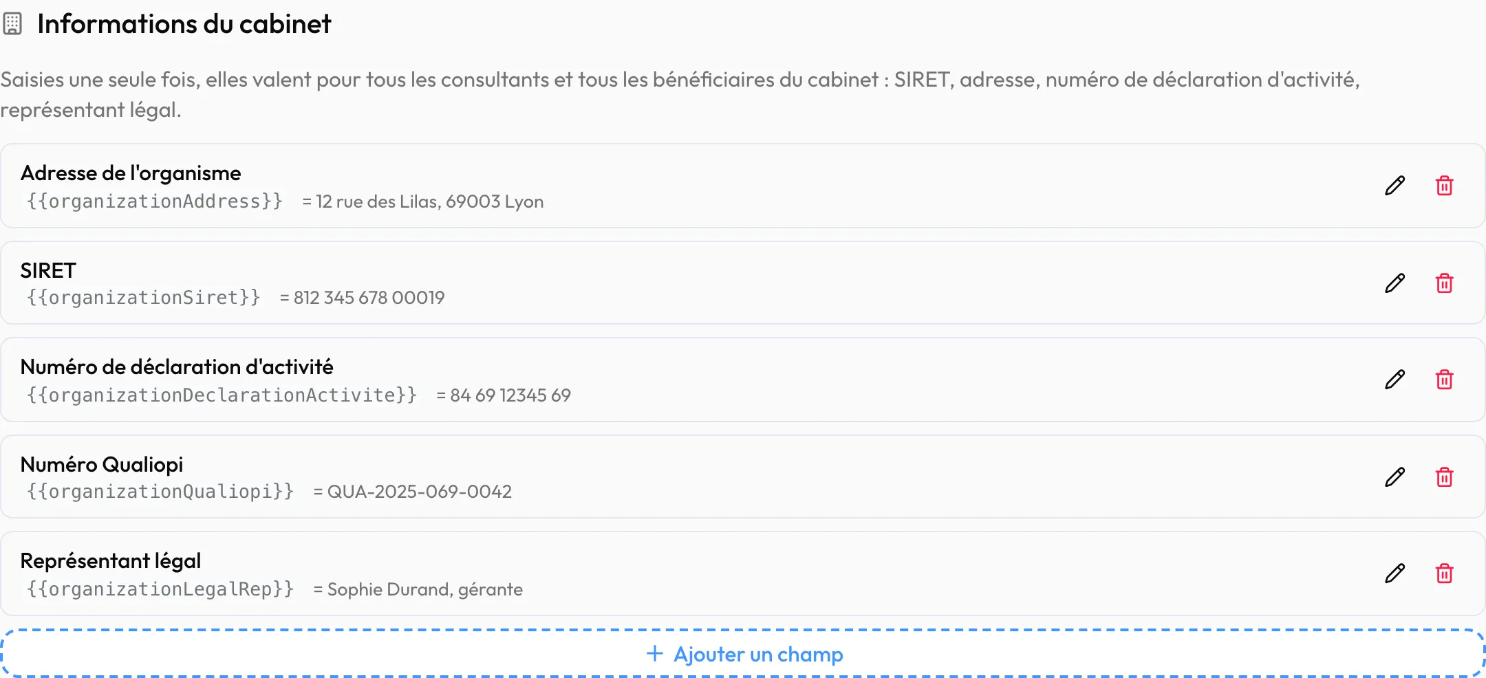 Section « Informations du cabinet » : adresse, SIRET, numéro de déclaration d'activité, numéro Qualiopi, représentant légal