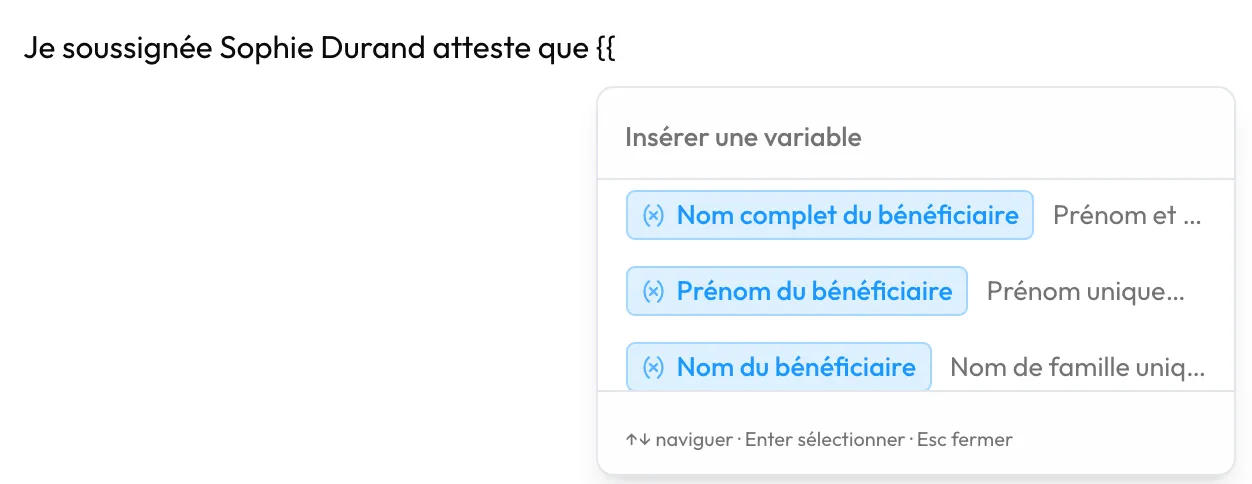 La liste « Insérer une variable » ouverte après avoir tapé deux accolades