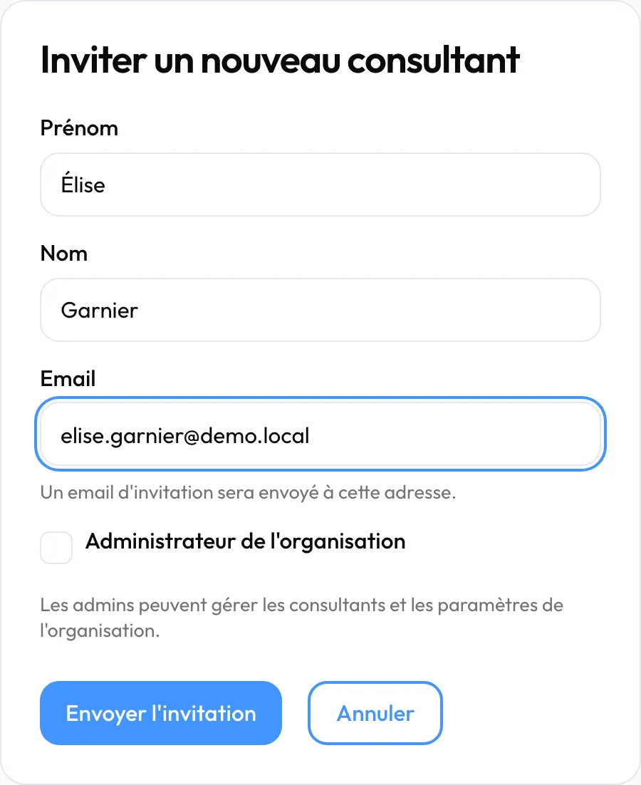 Formulaire « Inviter un nouveau consultant »
