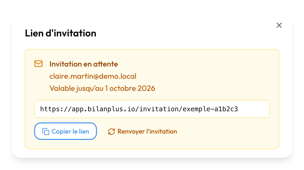 La fenêtre « Lien d'invitation », avec « Copier le lien » et « Renvoyer l'invitation » (le lien montré est un exemple)
