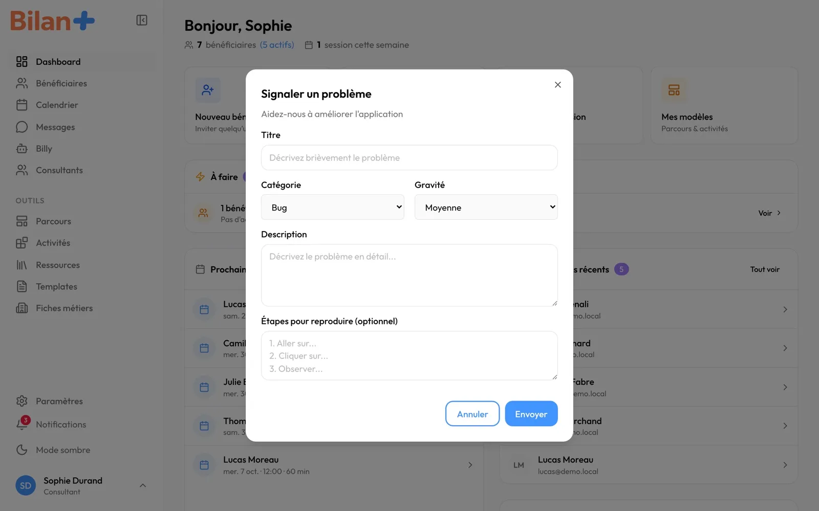 La fenêtre « Signaler un problème » : titre, catégorie, gravité, description et étapes pour reproduire