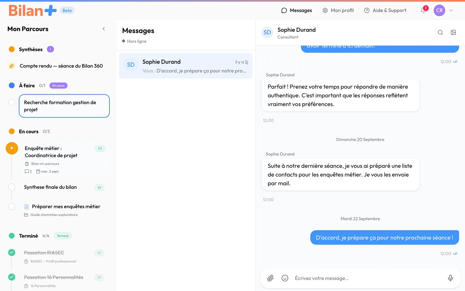 La messagerie sur ordinateur : la conversation à gauche, les messages à droite