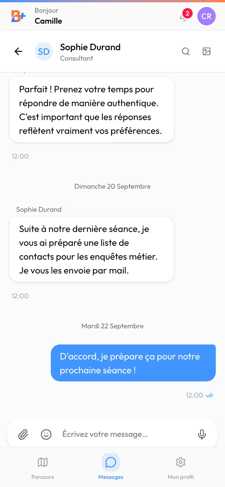 La conversation avec la consultante, sur téléphone