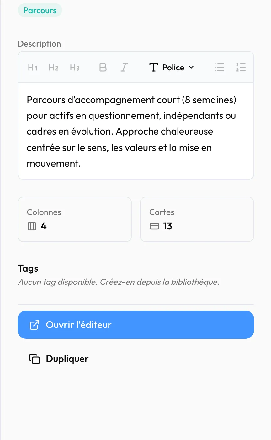 La fiche d'un modèle Bilan+ : description, nombre de colonnes et de cartes, « Ouvrir l'éditeur » et « Dupliquer »
