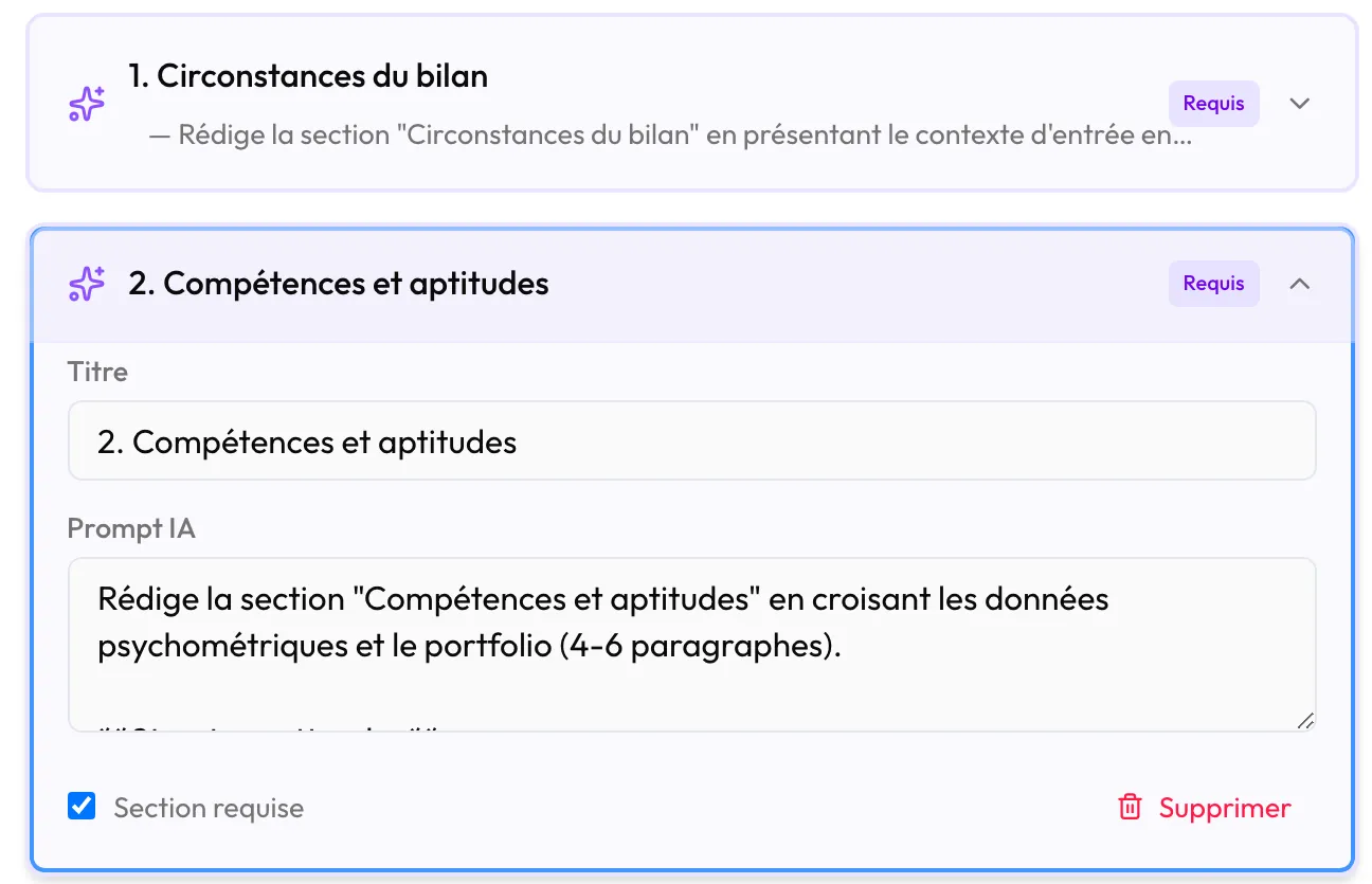 Une section dépliée : « Titre », « Prompt IA », « Section requise »