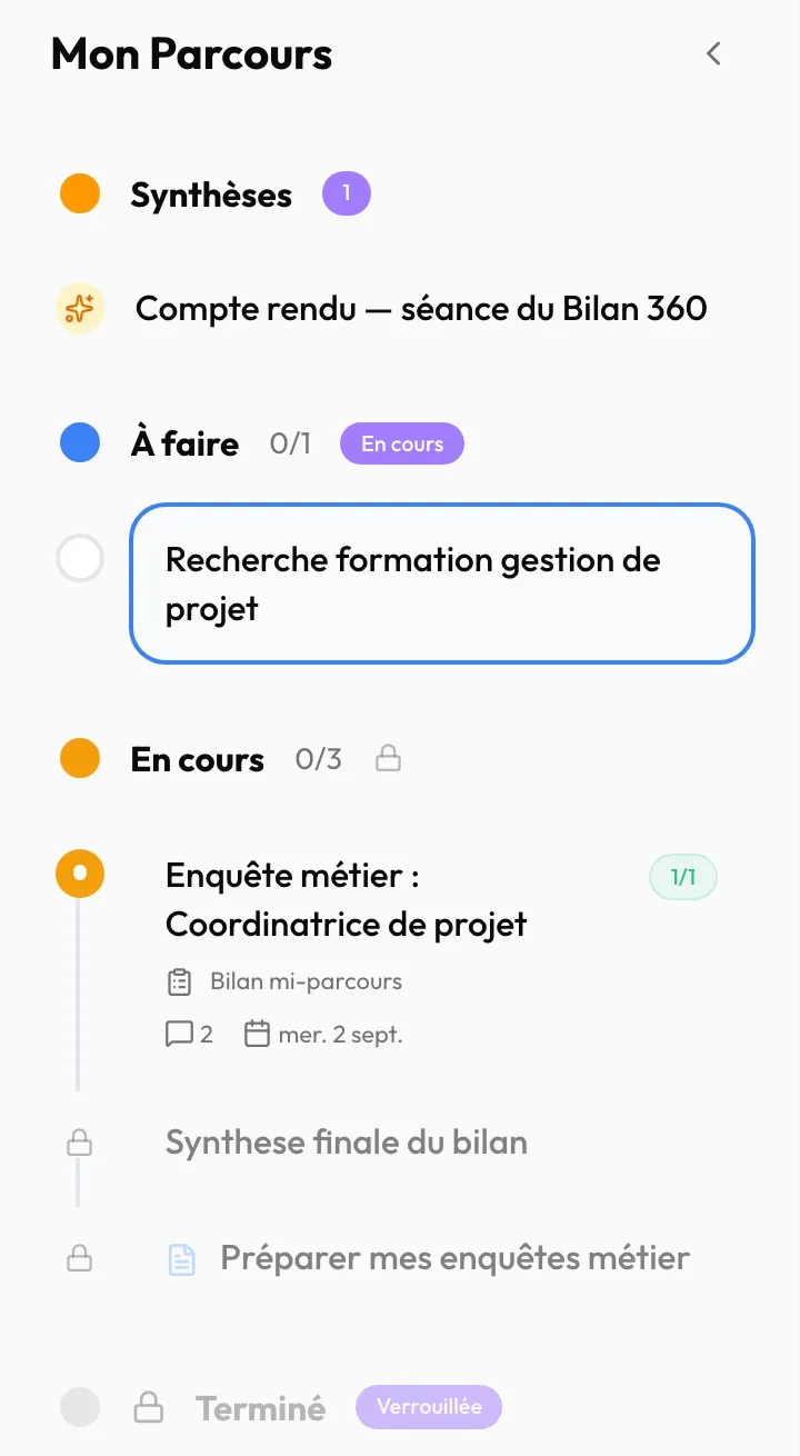 La frise en mode progressif : deux étapes verrouillées dans « En cours », la phase « Terminé » verrouillée