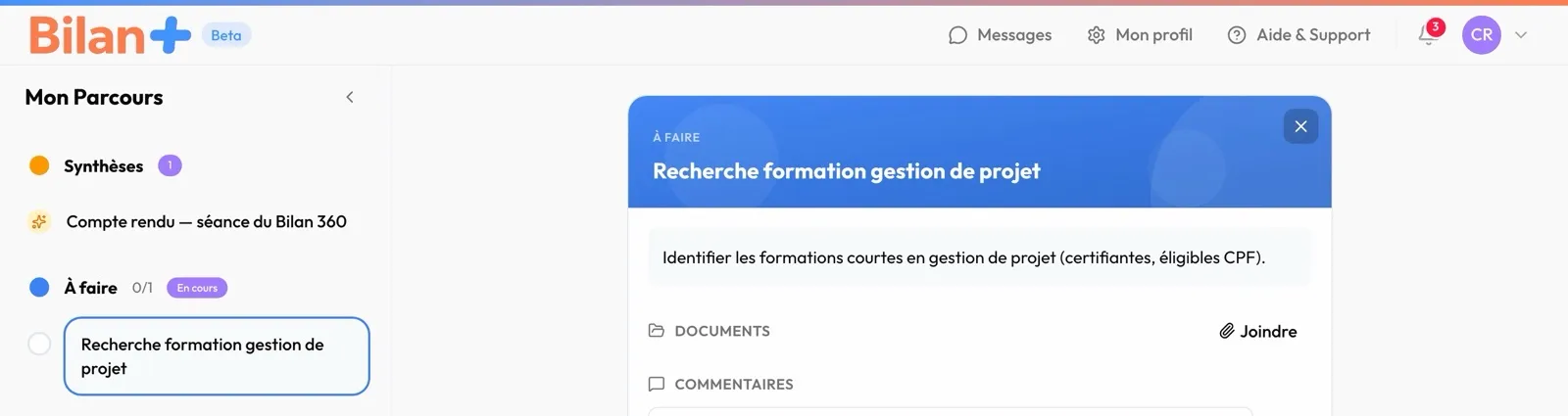 « Mon Parcours » sur ordinateur : en haut de la frise, les synthèses et la phase « À faire » ; à droite, l'étape à faire ouverte