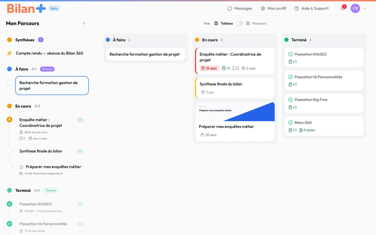 La vue « Tableau » : une colonne par phase, une carte par étape