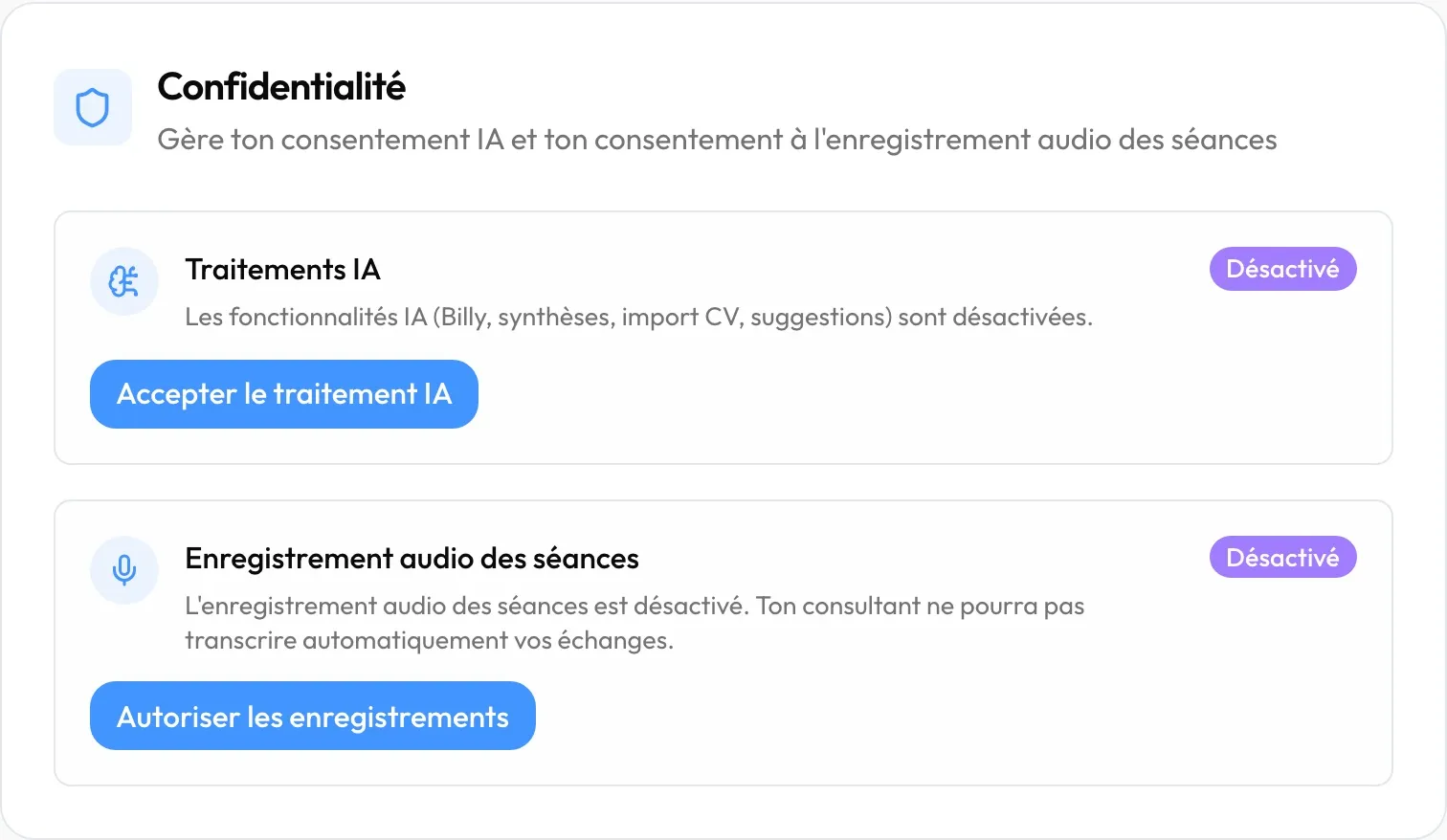 La rubrique « Confidentialité » après un retrait des deux accords