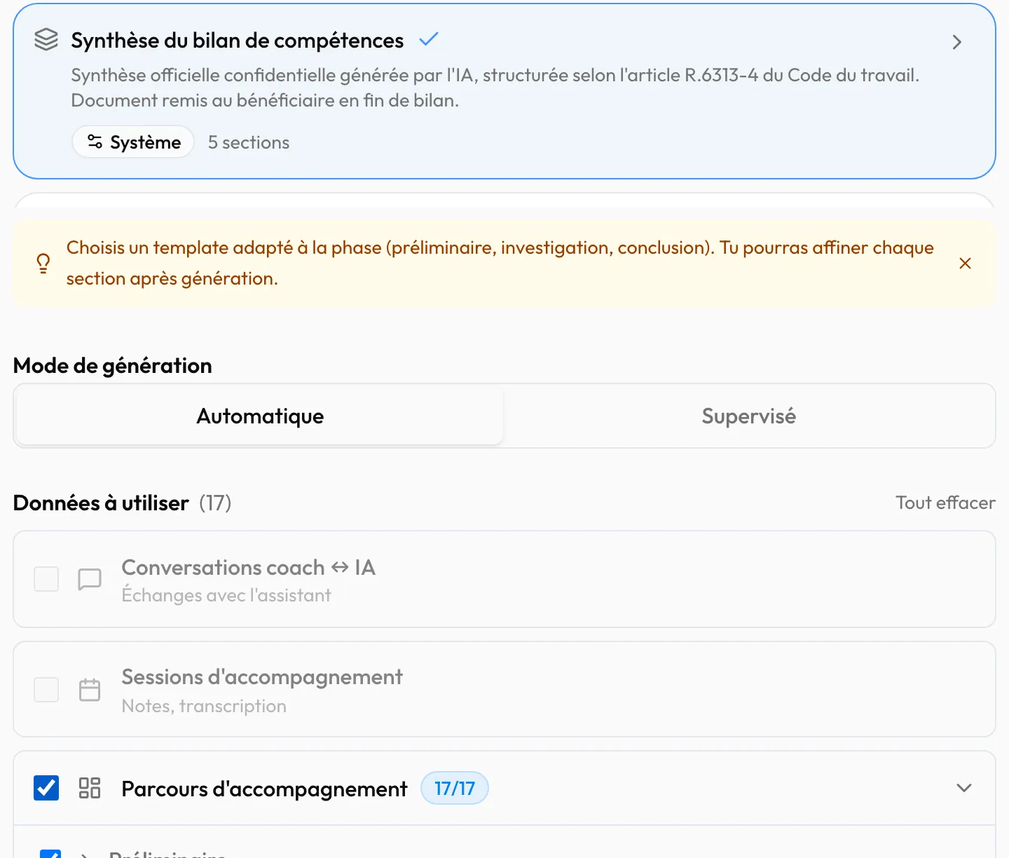 Le modèle choisi, le mode « Automatique » et le parcours coché dans « Données à utiliser »