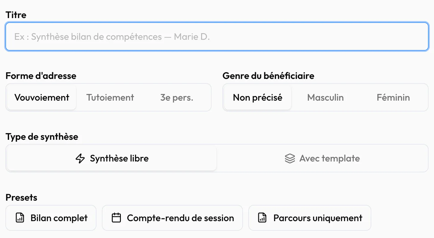 Le haut de l'écran « Nouvelle synthèse » : titre, forme d'adresse, genre, type de synthèse
