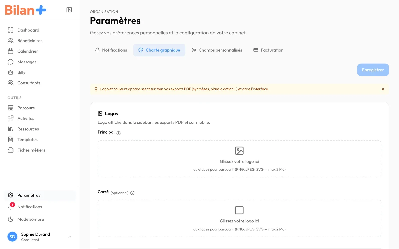 L'onglet « Charte graphique » : les quatre onglets, « Enregistrer » et la section « Logos »