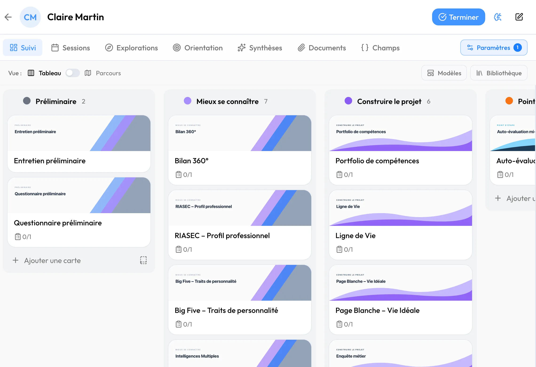 Le parcours de Claire en vue « Tableau », phases en colonnes et cartes dessous