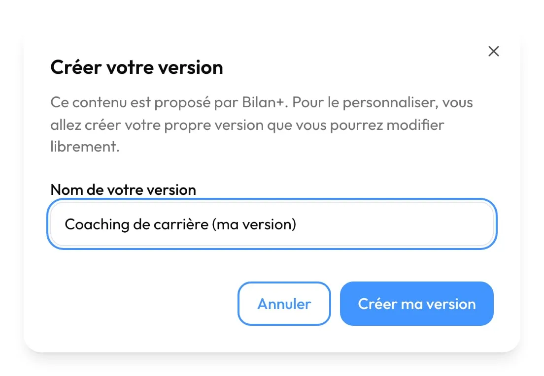 La fenêtre « Créer votre version »