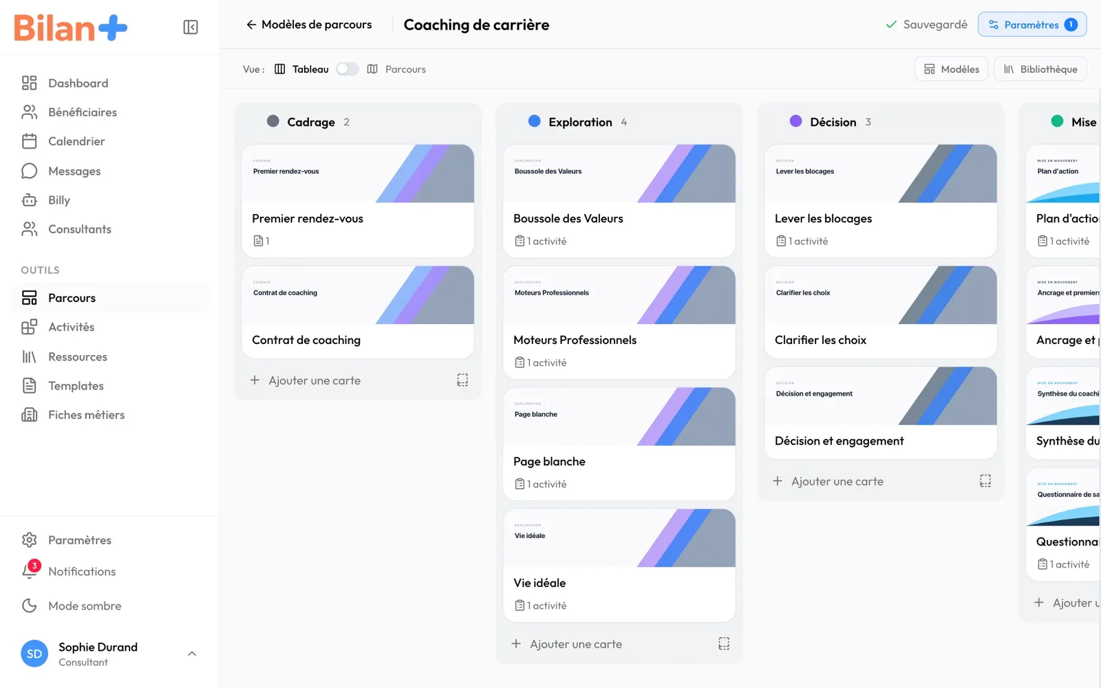 L'éditeur du modèle Bilan+ « Coaching de carrière », vue « Tableau »