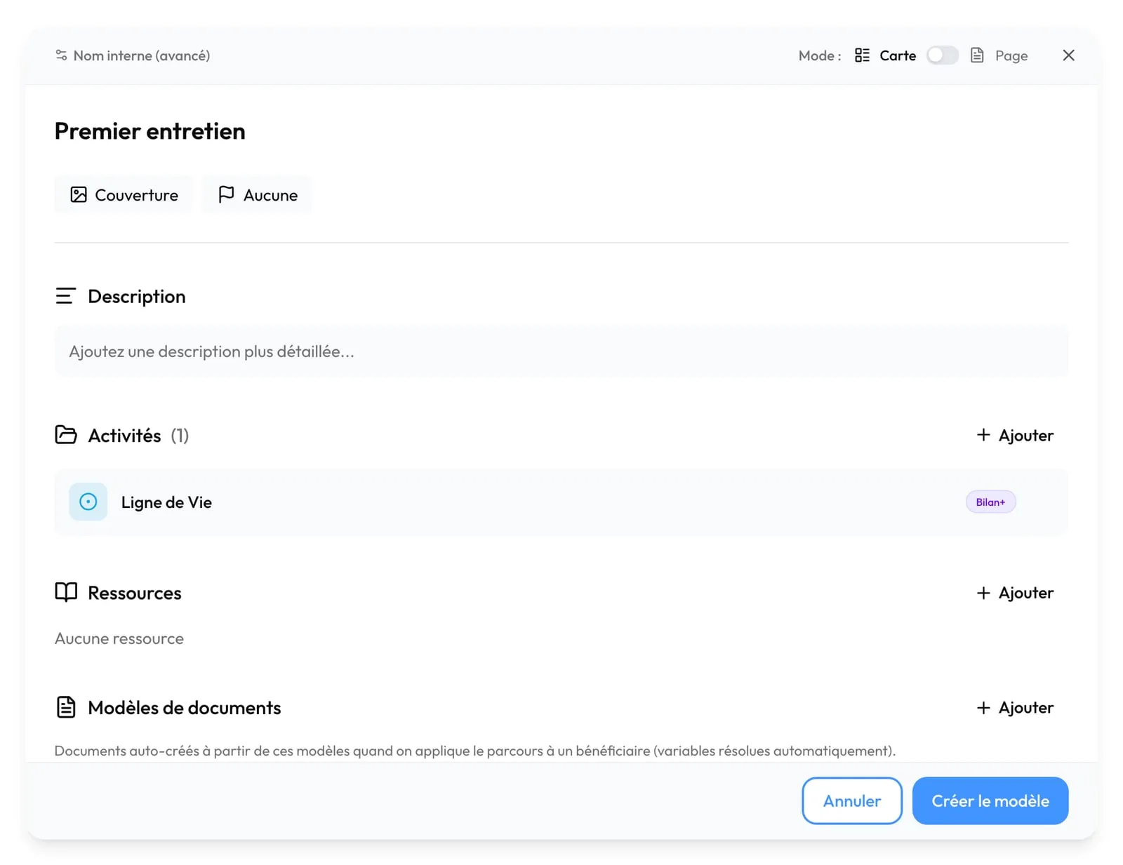 La fenêtre d'une nouvelle carte, avec une activité ajoutée