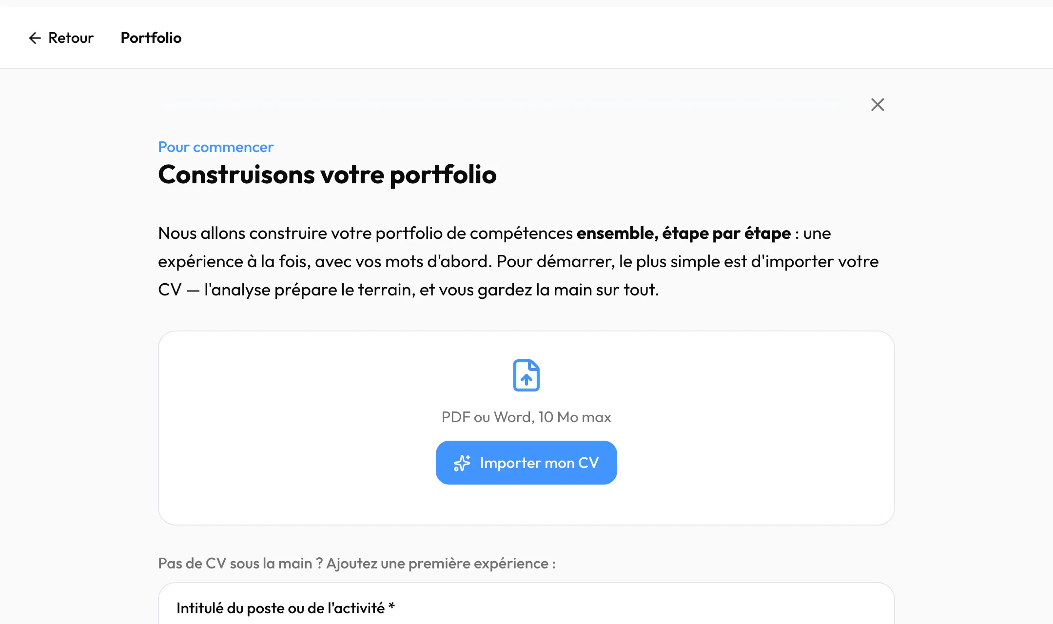 Le début du portfolio : importer son CV, ou ajouter une première expérience