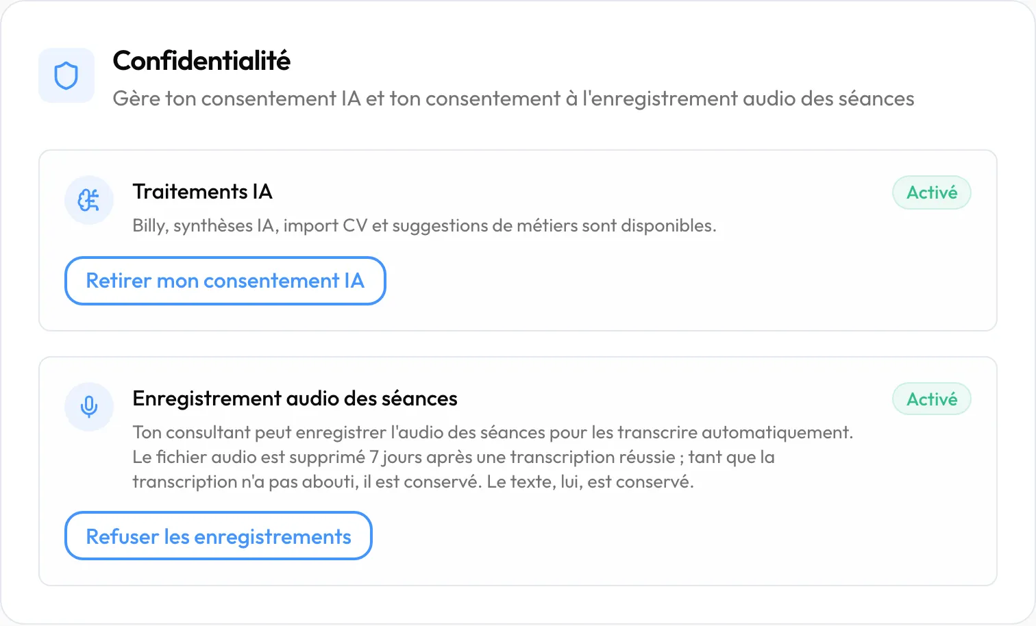 La rubrique « Confidentialité » de « Mon profil », avec les deux accords activés