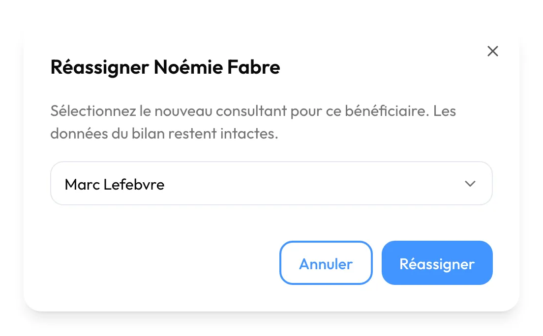 Fenêtre « Réassigner Noémie Fabre » avec Marc Lefebvre choisi