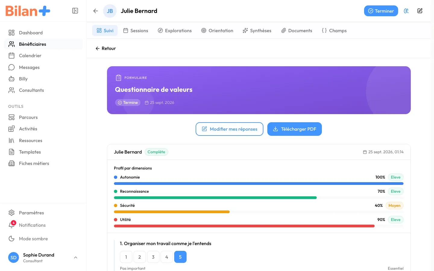 Les réponses vues par le consultant : le profil par dimensions, puis la première réponse